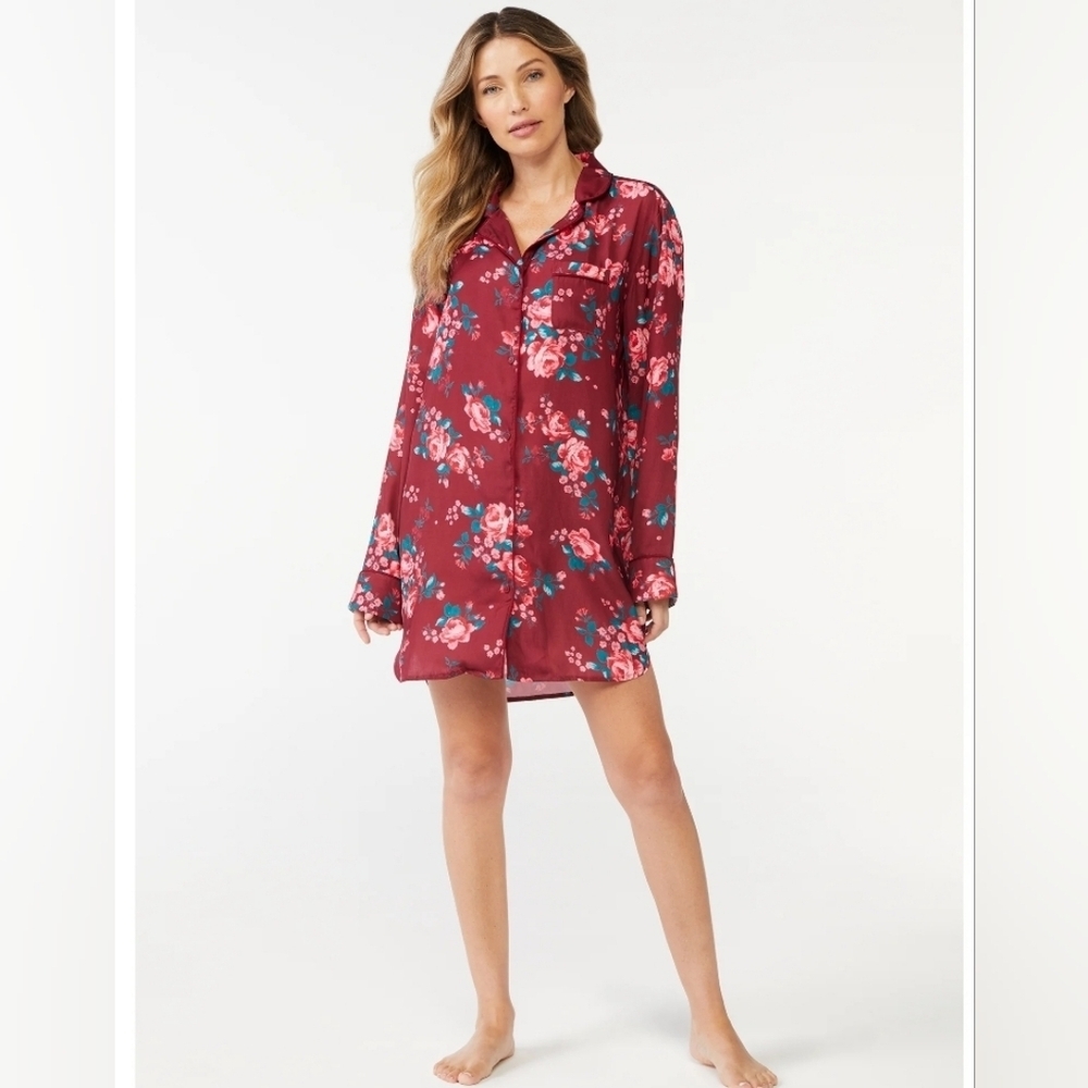 New Sofia Vergara Large Matte Satin Sleepshirt Burgundy Pink Floral